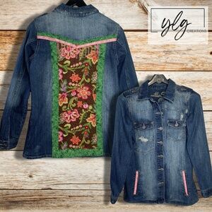 Denim Jacket Pink Green Flowers Boho Jean Bead Fringe Distressed Small